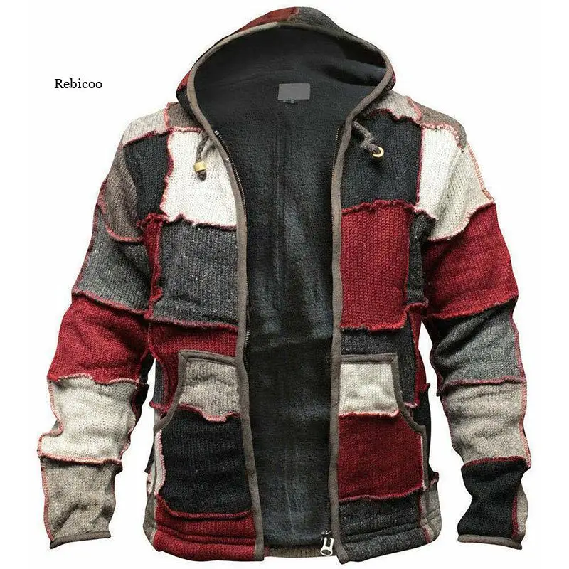 Autumn Long Sleeve Patchwork Knitted jackets Men's Casual Plus Velvet Warm Hooded Coats Men 2021 Winter Fashion Loose Streetwear