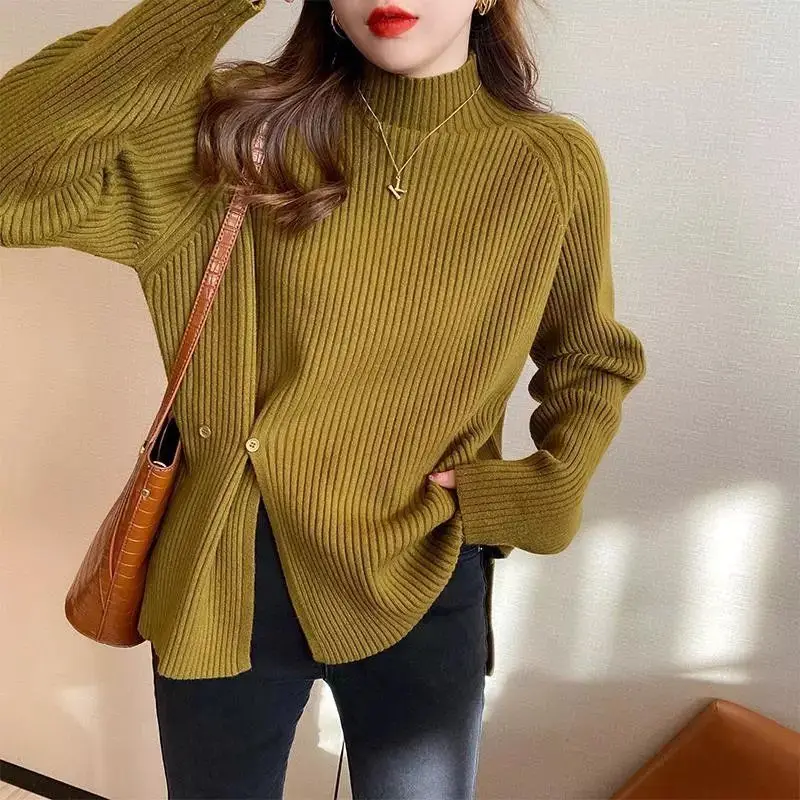 Half high collar sweater pullover women 2023 solid loose open knit autumn and winter casual long sleeve sweater pullover female