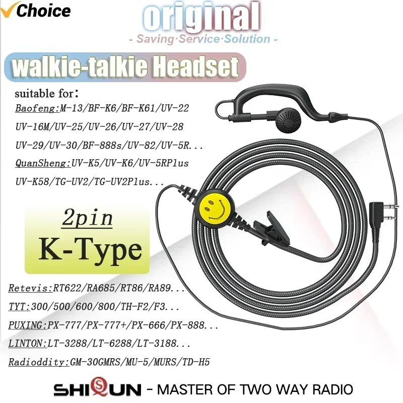 

Гарнитура K-Type Walkie Talkie 2-контактный ушной крючок с микрофоном PTT для Baofeng M-13 5R BFK6 UV-25 Pro Max Quansheng UVK5 K6 Radio