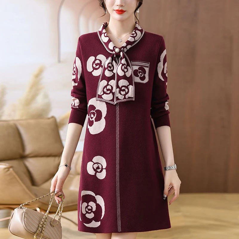 

Floral Print Long Sweater Dress 2025 Autumn Winter Women's Long Sleeve Pullover Elastic Slim Dresses