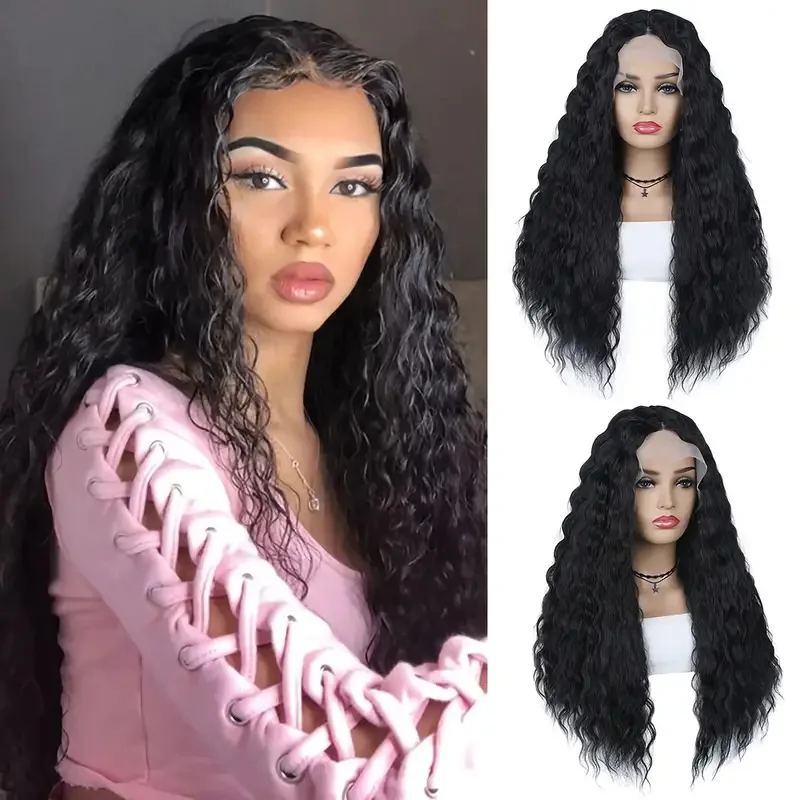 30 Inch Synthetic Curly Wig For Women Long Black Wave Wig Middle Part Scalp Lace Front  Natural Crimps Curls Wigs