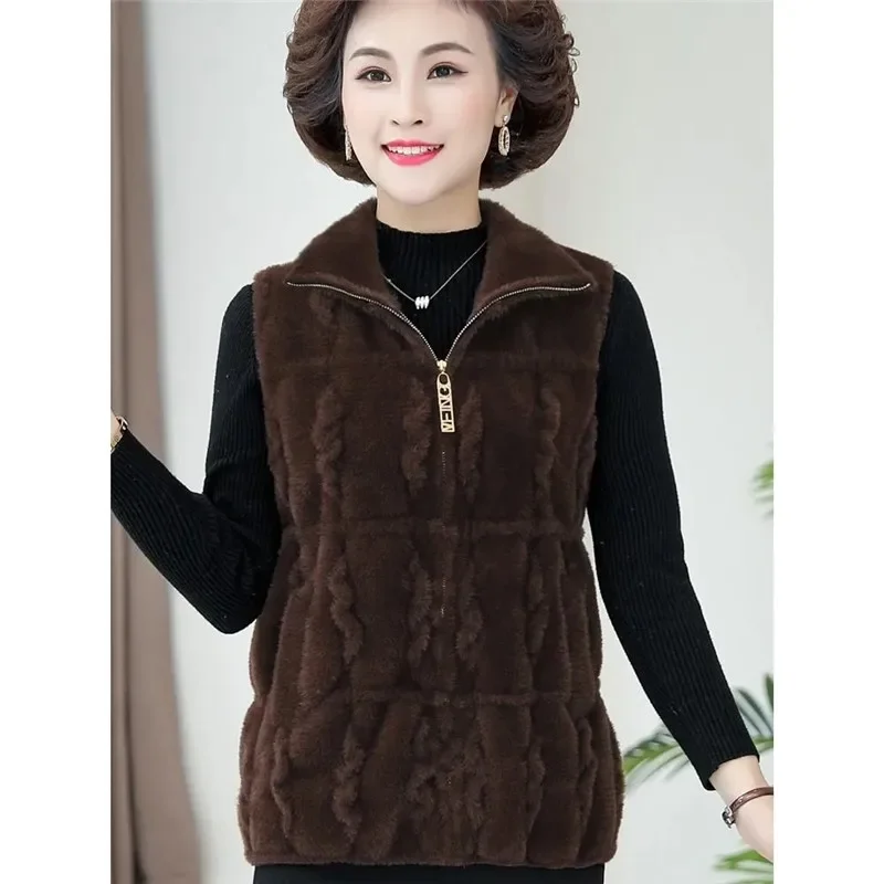 Middle-Aged Elderly Woolen Women\'s Coat Resemble Mink Cashmere Vest Fashion Spring Autumn Waistcoat Grandma\'s Keep Warm Jacket