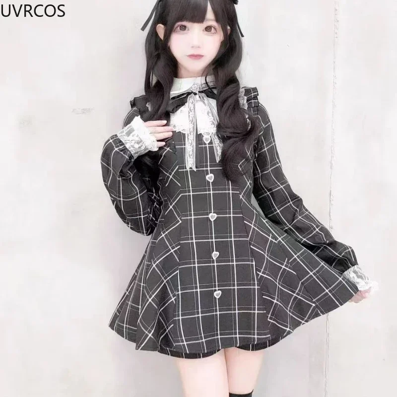 Japanese Style Gothic Y2k Lolita Bow Dress Women Sweet Plaid Rhinestone Bow Bandage Shirt Party Dresses JK Uniform Mini Dresses