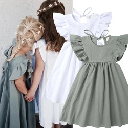 2024 Little Girls Dress Ruffles Sleeve Round Neck Vintage Dress Solid 100% Cotton Linen Casual Dress for Party Toddler Clothes 7T