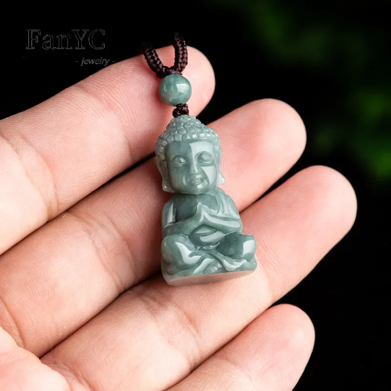 Myanmar Jadeite Blue Water Three-dimensional Baby Buddha Pendant Buddha Ice Jade Necklace Men and Women Lucky Amulet