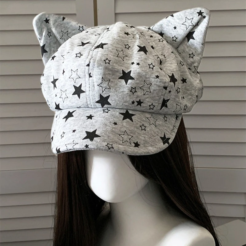 Frühlings- und Herbst-Sternen-Jacquard-Katzenohren-Achteckige Newsboy-Mütze für Damen, Koreanische Süße und Niedliche Baskenmütze, Weiche Krempe, Malermütze für Große Köpfe – Detail 3