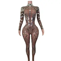 Vestidos Fashion Long Sleeves Sequins Jumpsuits Sexy Birthday Party One Piece Bodysuit Festival Outifit Dance Stage Show Costume