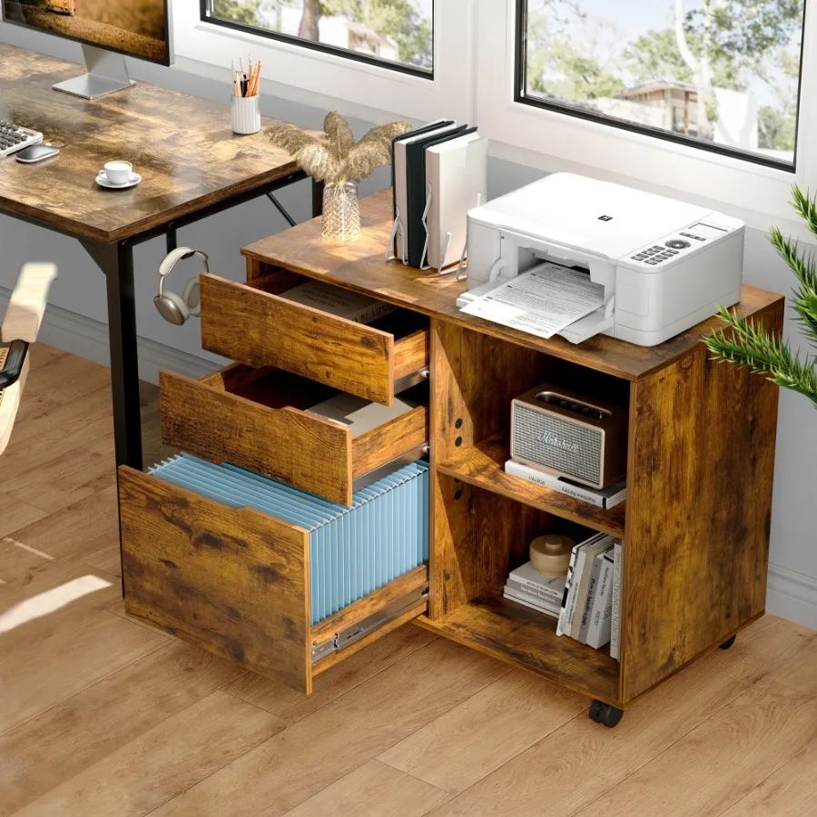 3 Drawer File Cabinet with Wheels Rolling Wood Printer Stand and Open Storage Shelves for Home Office Rustic Brown