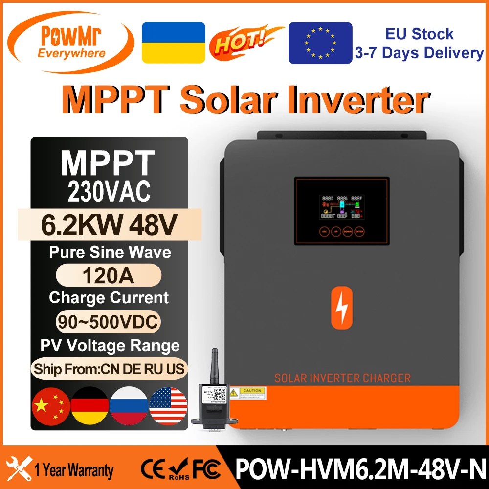 PowMr Off Grid 6.2KW 48V Hybrid Solar Inverter All In One 230VAC PV 500VDC With Dual AC Output MPPT 120A Solar Charge Controller