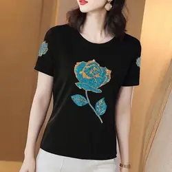 Fashion Diamonds Interior Lapping Summer Slim O-neck Pullovers Ladies Casual Short Sleeve Women's Clothing Solid Color T-Shirts