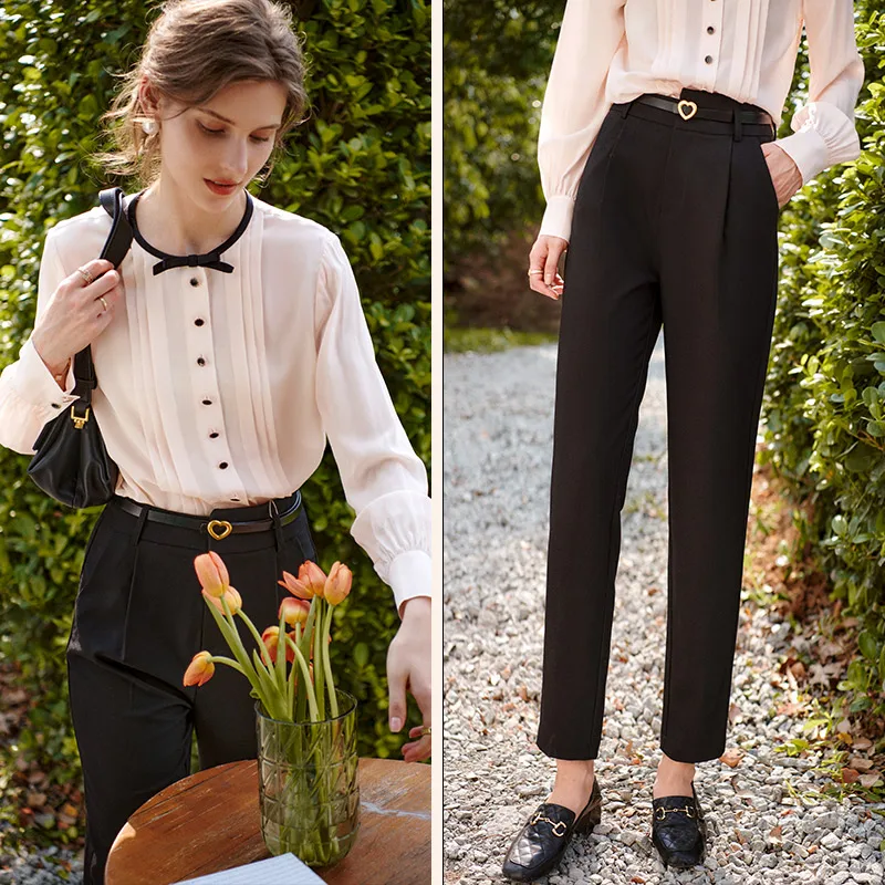 OLrain Black Tailored Pants for Women Autumn 2026 Belt High Waist Chic Slacks Casual Commute Pencil Pants Ladies M56QK53630