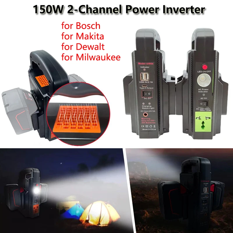 

110V 220V Outdoor Mobile Lithium Battery Inverter For Makita/DeWalt/Milwaukee/Bosch 18v Battery 150W 2-Channel Power Inverter
