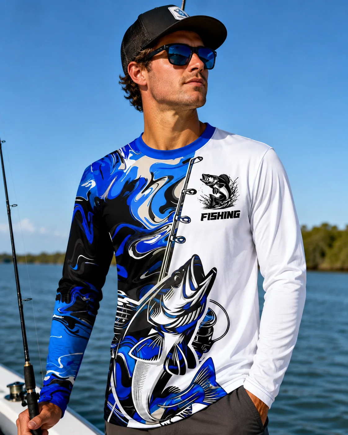 Outdoor Men Fisherman Long‑Sleeve T‑Shirt Cool Blue Swirl Bass Fish Graphic Breathable Sun‑Protection Jersey for Fishing Boating