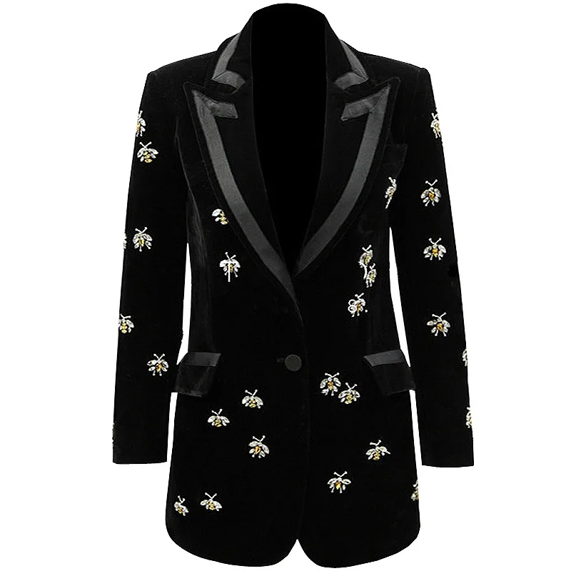 Cekcya 2024 Woman Blazer Jacket Luxury Designer Clothing Women Coat Female Velvet Heavy Bees Beading Outerwear Lady\'s Boutique