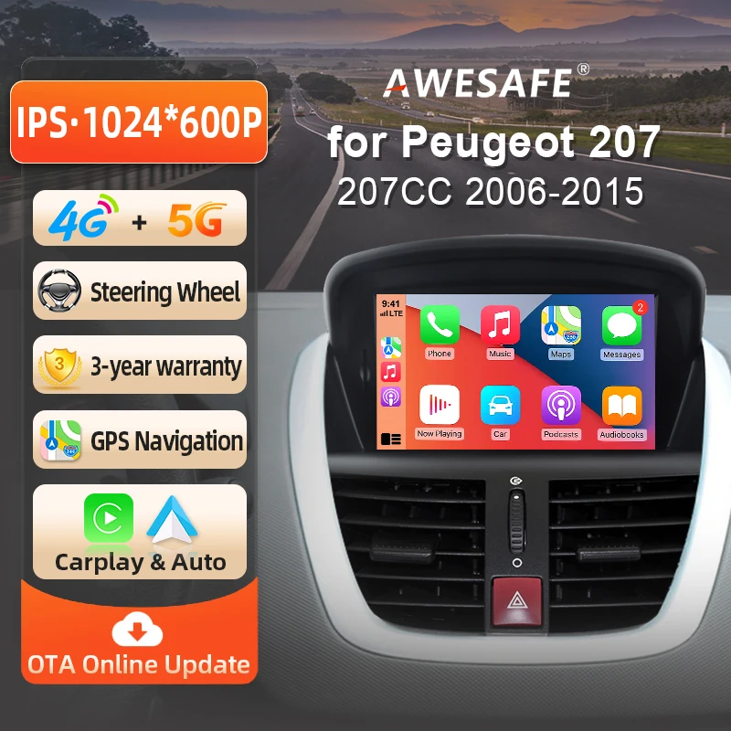 Image of AWESAFE Kabelloses CarPlay Autoradio für Peugeot 207 207CC 2006 2007 2008 2009 2010 2011 2012 2013 2014 2015 mit Android Auto GPS-Navigation Smart-System RDS DSP FM