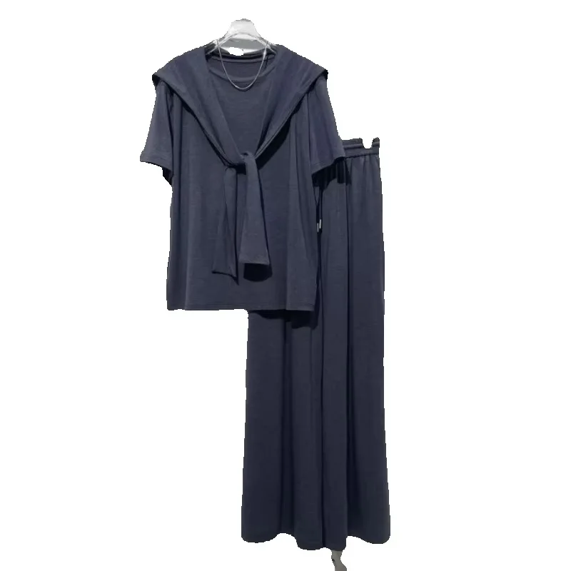 

Spring Summer Trouser-Suit Women 2026 New Fashion Loose Casual Shawl Short Sleeves T-Shirt Grey Suit Female