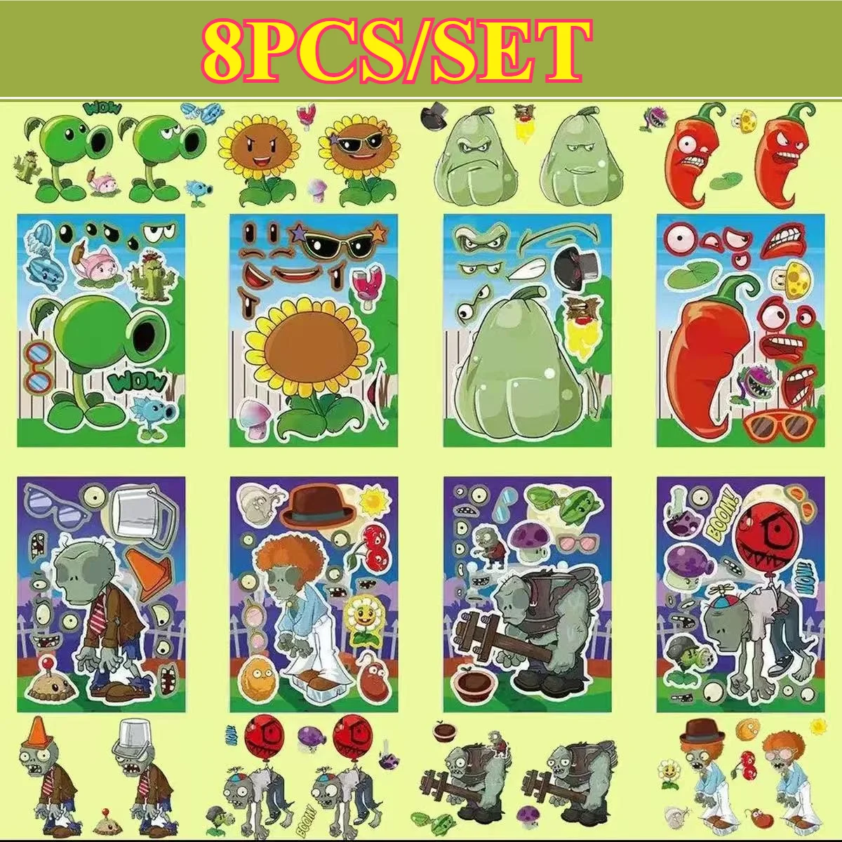 8/16/24 PCS Autocollants de dessin animé style Plants vs Zombies pour créer des visages, autocollants de papeterie étanches pour loisirs créatifs, récompenses et puzzles