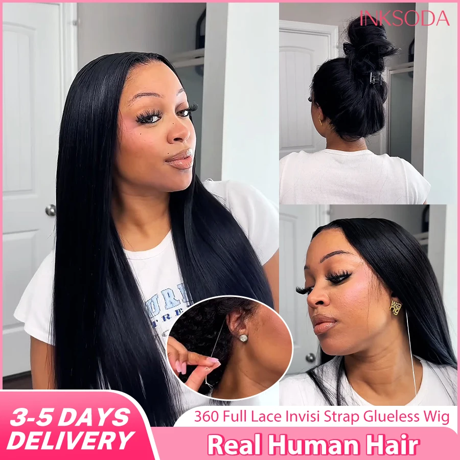 16-38 Inch 220% Density Invisi Strap 360 Full HD Lace Frontal Straight Wig Black Human Hair Drawstring Snug Straight Glueless Wigs Invisible Strap Glueless Invisi Strap Full Lace Straight Wig For Women Ready To Wear Preplucked Prebleached