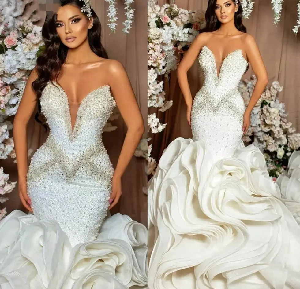 

Sexy Wedding Dress 2024 Mermaid Strapless Ruffle Long Train Beaded Diamond Luxury Bridal Gowns Vestido De Noiva Robe Mariage