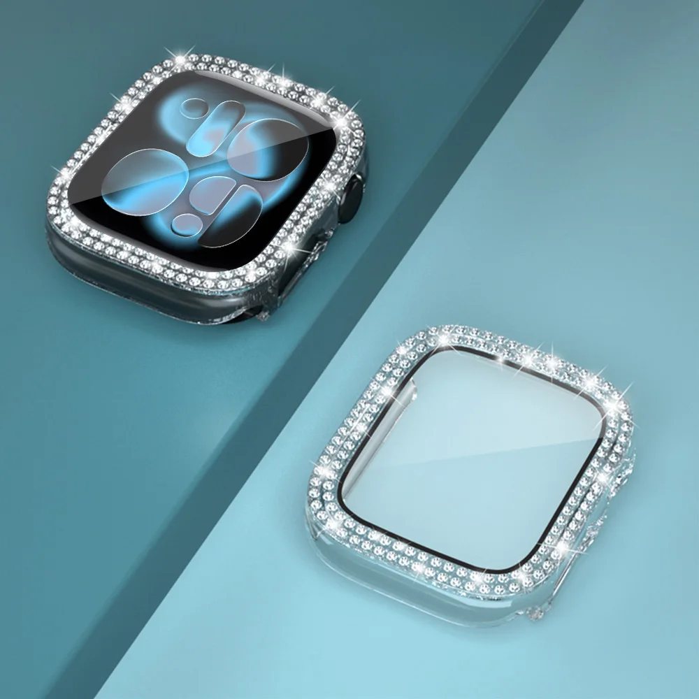 Tempered Glass+Diamond Cover For Apple watch case 11 10 46mm 42mm 44mm 40mm 45mm Bling Bumper Protector iWatch Series 9 7 8 SE
