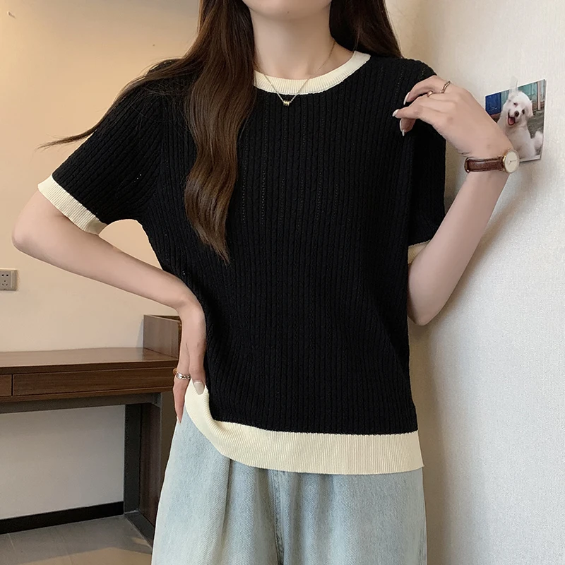 Summer Houndstooth Knit Thin Tops Oversized Pullovers Women Short Sleeve O-neck Sweaters Fashion Chic Sweet Ladies Knitwear 2023