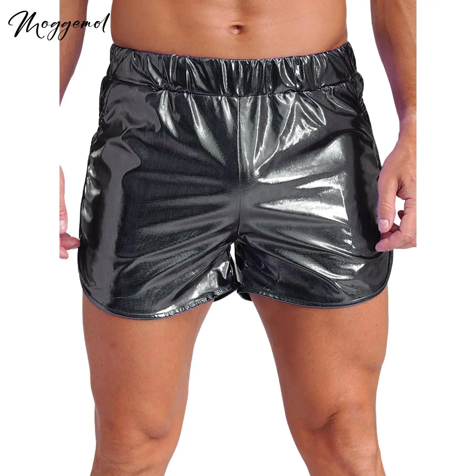 

Мужские блестящие шорты металлик с эластичной резинкой на талии и боковыми карманами, облегающие шорты, шорты, костюмы для бодибилдинга, ночного клуба