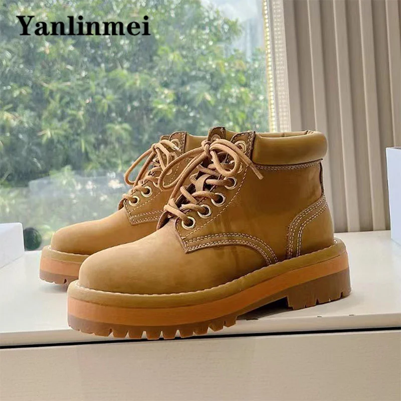 Thick Sole Motorcycle Boots Woman Lace Up Round Toe Casual Ankle Boots Classics Nubuck Leather  Comfort Flat Short Boots Women