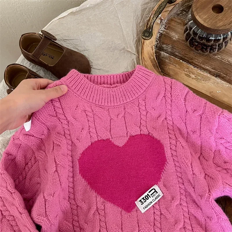 Girls Sweaters 2024 Autumn Winter Pink Love Jacquard Long Sleeve Knitted Kids Girls Pullovers Children Girls Knitwears