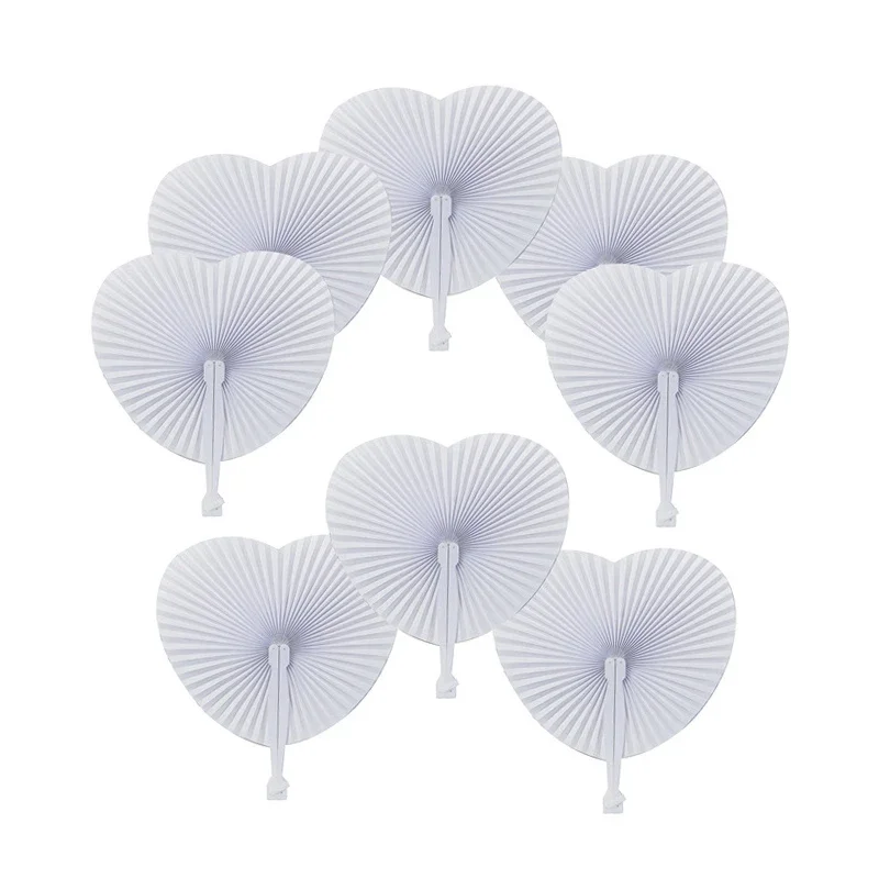 10Pcs White Folding Paper Fans Heart Shaped for Wedding Favor Party Decor Birthday Baby Baptism Guests Gifts Decorative Fans