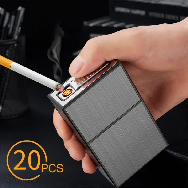 2026 New Can Hold 20 New Metal Cigarette Case Flashlight USB Lighter Windproof Jet Rechargeable Gas Lighter Men's Gadget