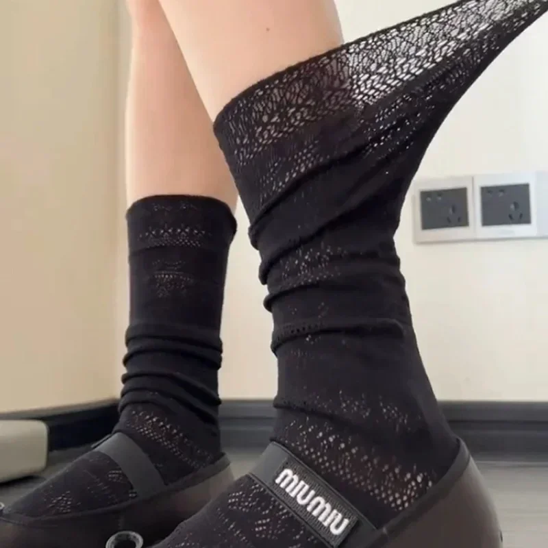 1/2pairs Lolita Sweet Pile Socks for Women Girls Mesh Hollowed Out Thin Nylon Silk Retro Flower Lace Socks Ladies Crew Socks