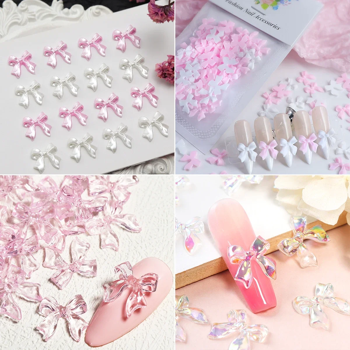 50 pçs rosa branco fita arco encantos de unhas decoração kawaii 3d acessórios da arte do prego coreano diy profissional unhas suprimentos