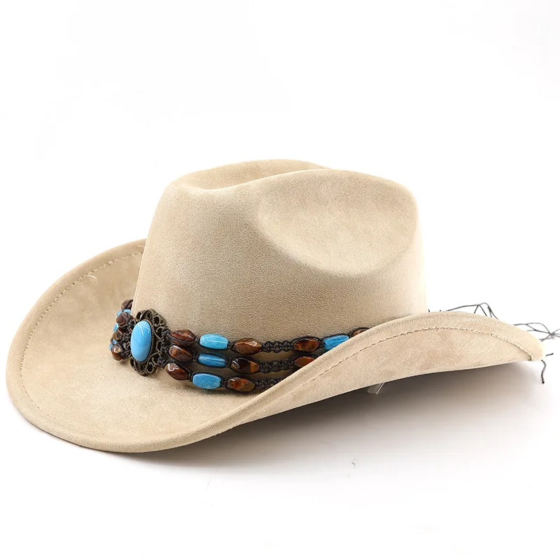Western-Cowboyhut aus Wildleder zum Reiten für Männer und Frauen, Outdoor-Reisehut mit gerollter Krempe, Zylinderhut im Ethno-Stil, Filzhut – Detail 9
