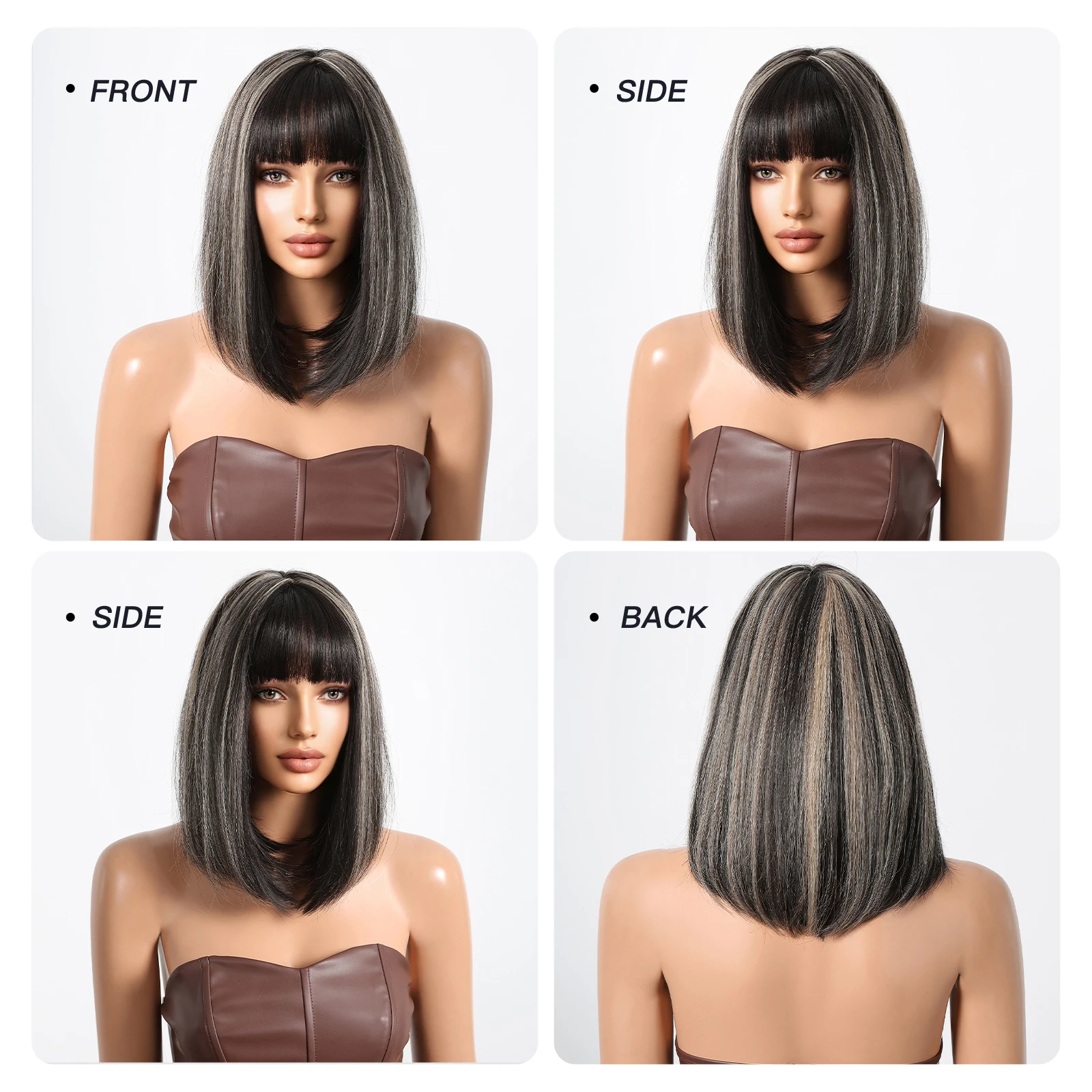 Short Straight Bob Synthetic Wigs With Bangs Black with Brown Highlight Natural Hair Wig Daily Cosplay Wigs Heat Resistant Fiber