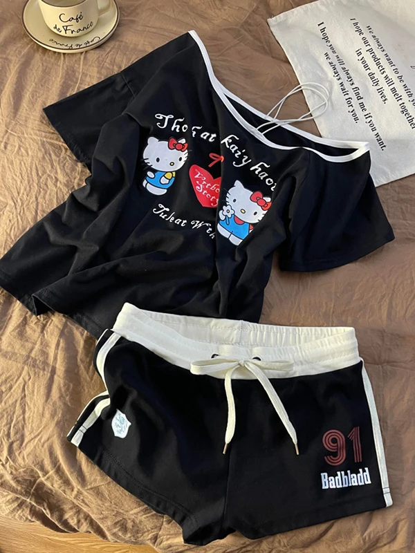 

Cute Kitty Shoulder Bared Short Sleeve Shorts Two Piece Set Summer New Design Home Clothes Women's Fashion Casual Sportswear