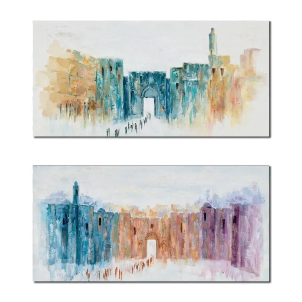 

Textured Jerusalem Canvas Art Hand-Painted Abstract Judaica Oil Painting Modern Jewish Wall Decor for Living Room Large Gift