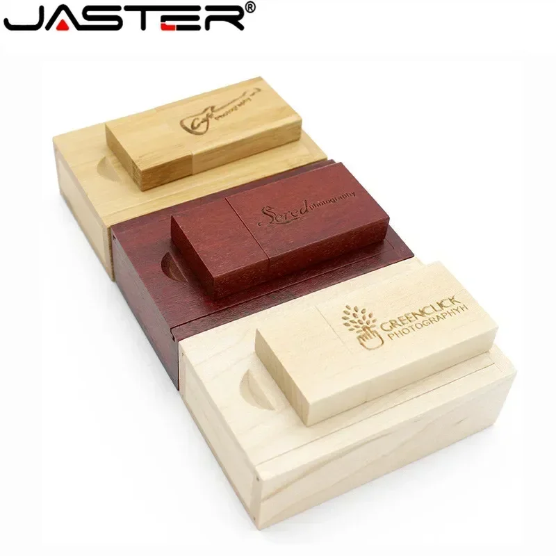 JASTER-Pendrive de madeira com logotipo personalizado gratuito, USB Flash Drive 2.0, Memory Stick, gravação a laser, presentes de casamento, 128GB, 64GB, 16GB, 32GB, 8GB