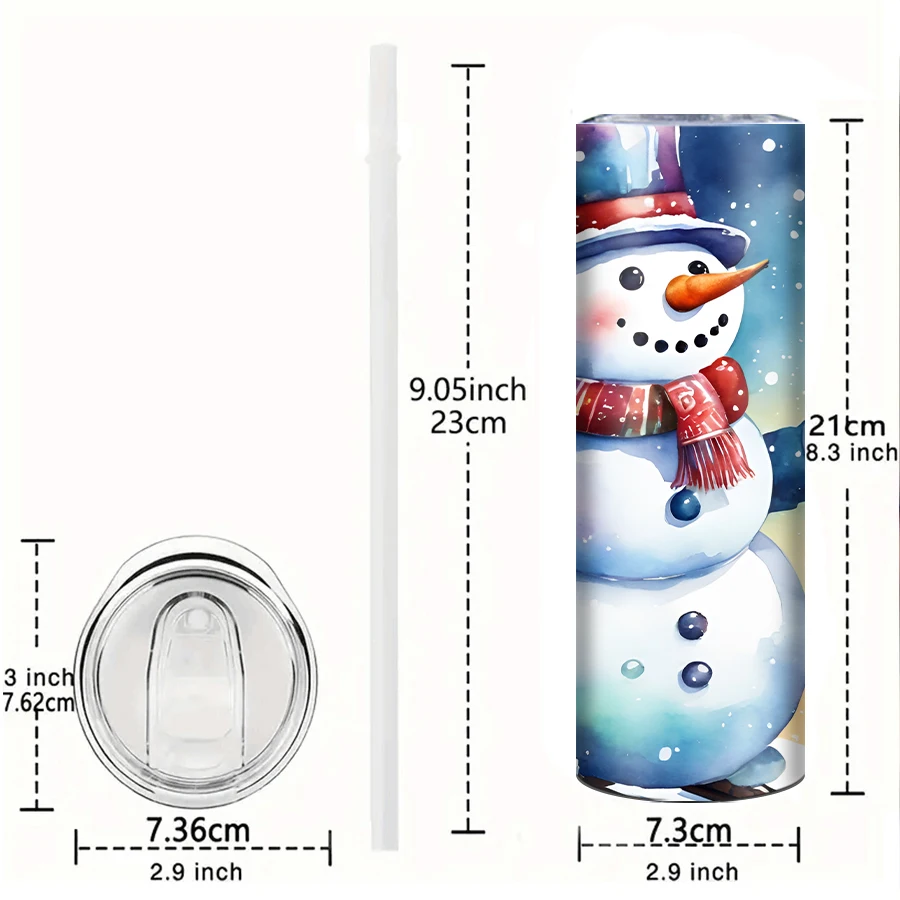 Christmas Water Mugs Straw Lid 1Pc 20oz Stainless Steel Hot Cold Insulated Tumbler Straight Mugs 3D Print Snowman Xmas Decors