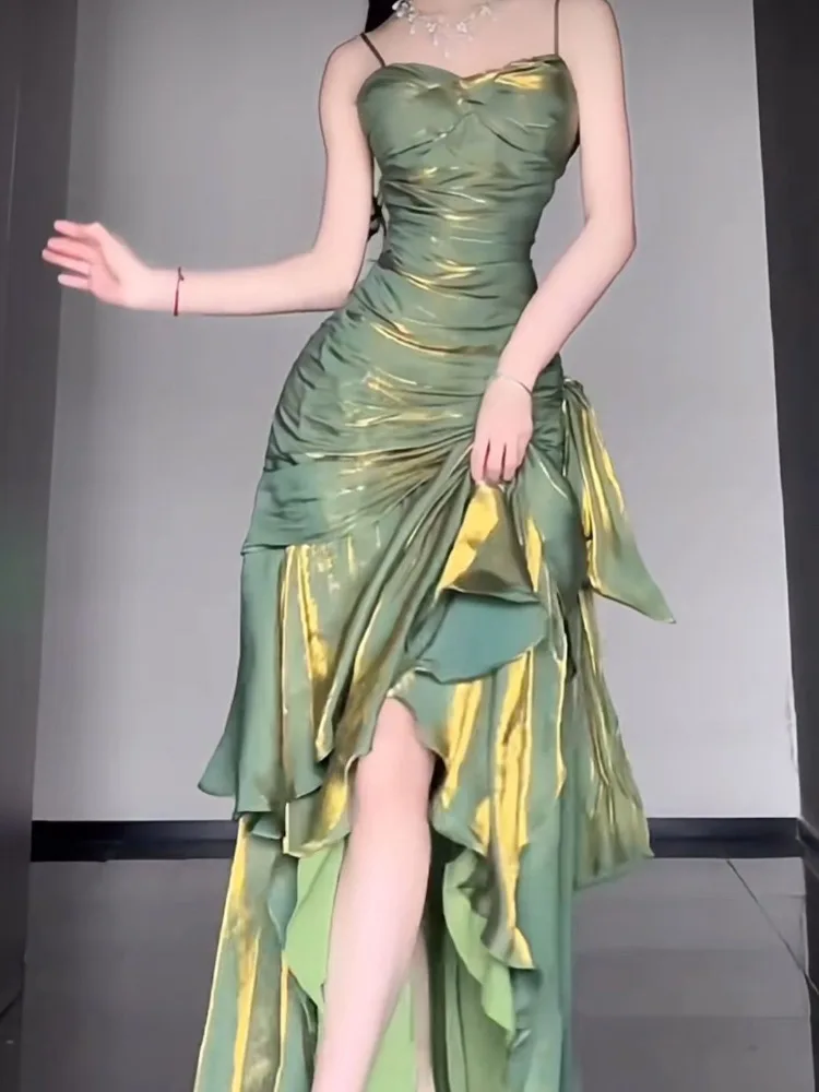 Sukienka damska oversize, zielona, na ramiączkach, seksowna, podkreślająca talię, obcisła, typu rybka, nowa kolekcja lato 2025, sukienki midi, Vestidos De Mujer