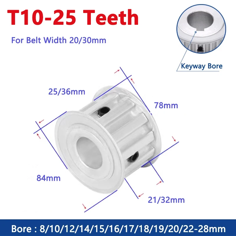 

1pc 25 Teeth T10 Timing Pulley 25T Aluminium Synchronous Wheel for Belt Width 20/30mm Bore 8 10 12 14 15 16 17 18 19 20 22-28mm