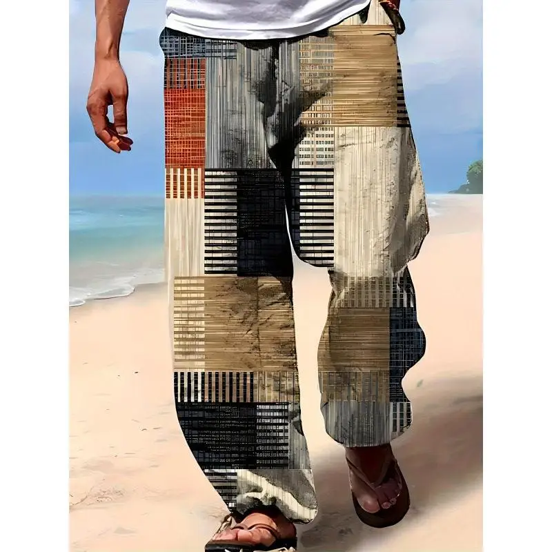 

Casual Plaid Beach Long Pants Loose Fit Polyester Fiber Large Size Men's Trousers Comfortable Breathable Summer Beachwear