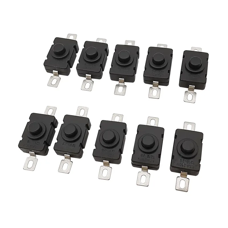 10Pcs KAN-28 Flashlight Switch Self Locking 2 Pin Push Button Switch 1.5A 250V ON-OFF Torch Lamp Flashlight Switch Black