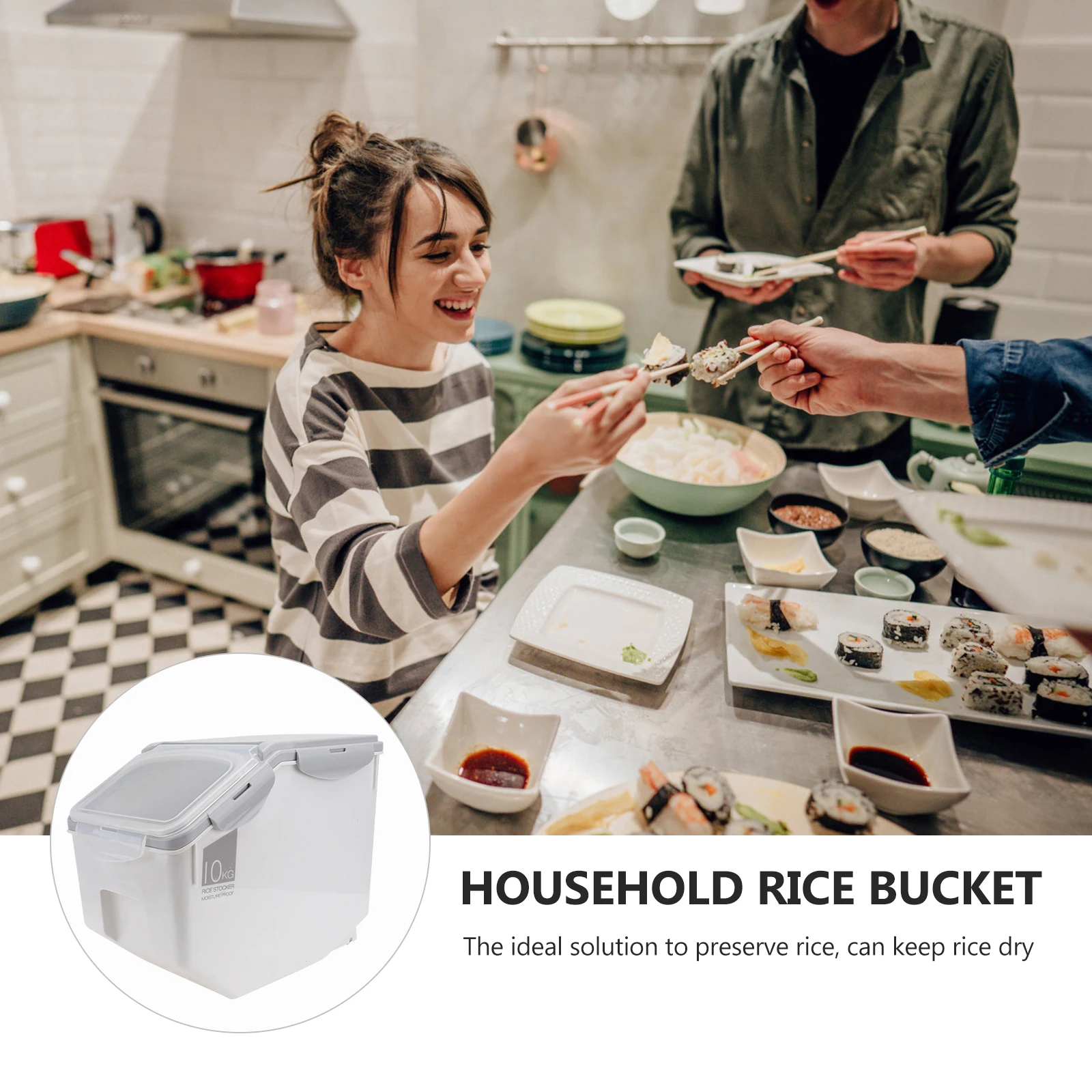 

Sealed Rice Bucket Moistureproof Storage Container Food Grade PP Material Flip Opening Visible Window Scale Display