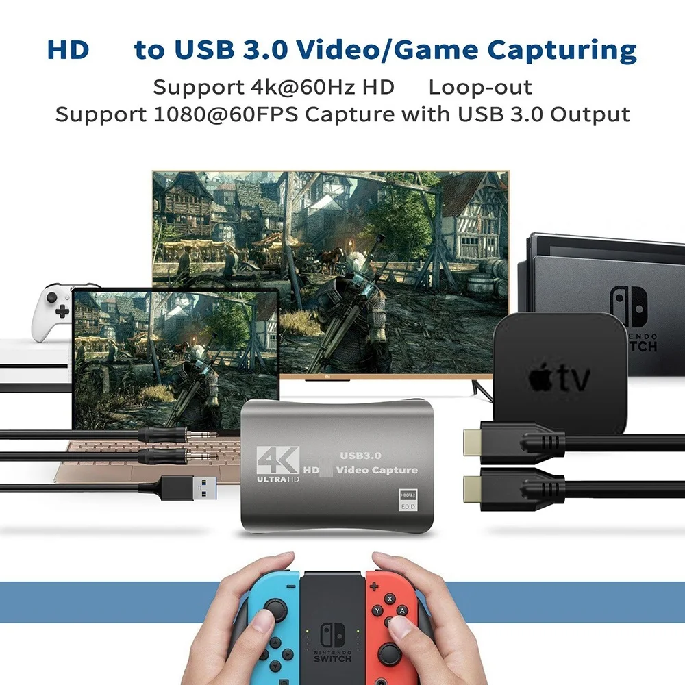 Video Capture Card with HDMI 4K 1080P 60FPS Live Broadcast Digital HDTV Camera Recording Box USB3.0 Live Streaming Game Grabber