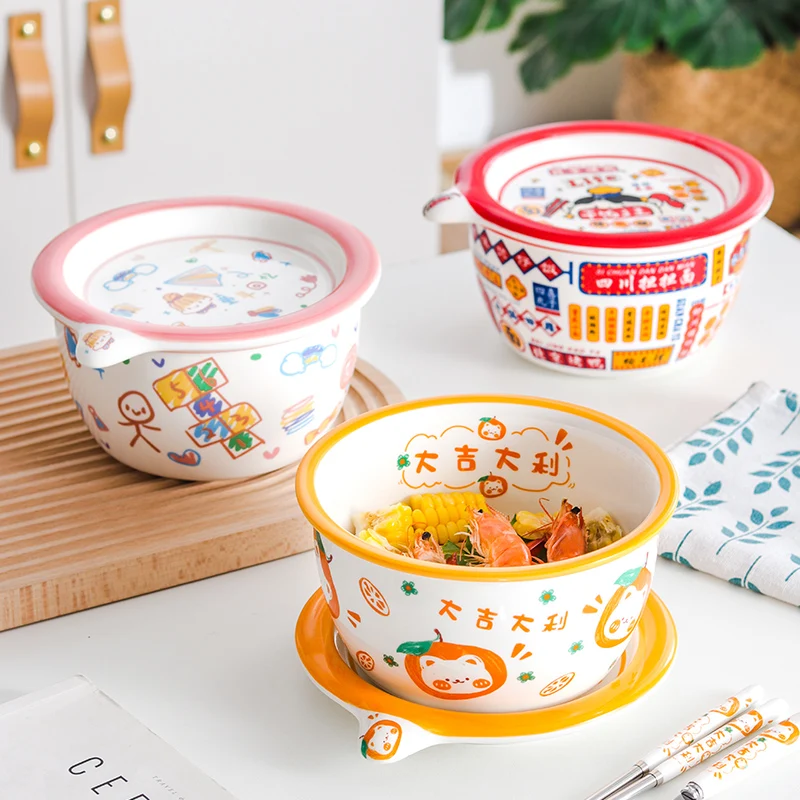 

Large Cerc Noodle Bowl with Lid Cute Cartoon Design Student Dormi Soup Bowl Salad Bowl Super Size round ape Diware