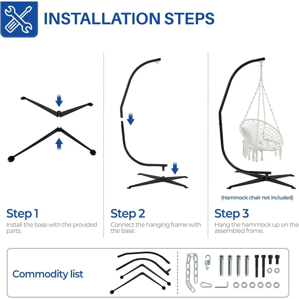 Hammock Chair Stand, C-stand for Hanging Hammock Chair w/Buckle & S-shaped Hook - Free Rotation C-stand Hammock Stand