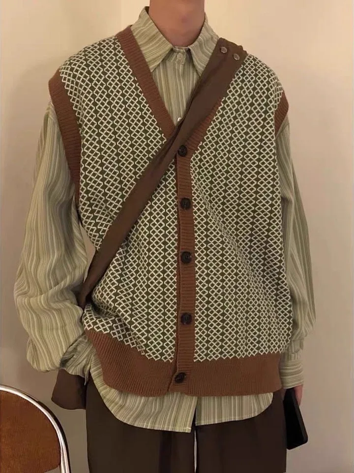 

plus Size 300 Pou Japanese Sle Geometric Open Cardigan Knitted Vest ex Casual Vertical Stripes irt Autumn Spring