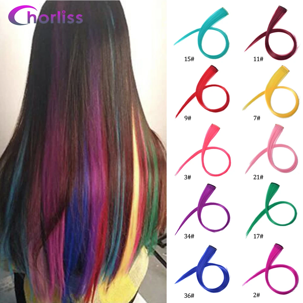 Synthetic Long Straight Color Hair Piece Hair Extensions Clip In Highlight Rainbow Hair Streak Synthetic Hair Strands on Clips