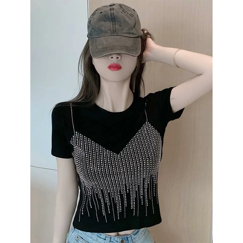 Black Sparkling Diamond Fake Two-piece T-shirt 2024 New Ladies Designer Round Neck Short Sleeve High Street Spicy Girl Charm Top