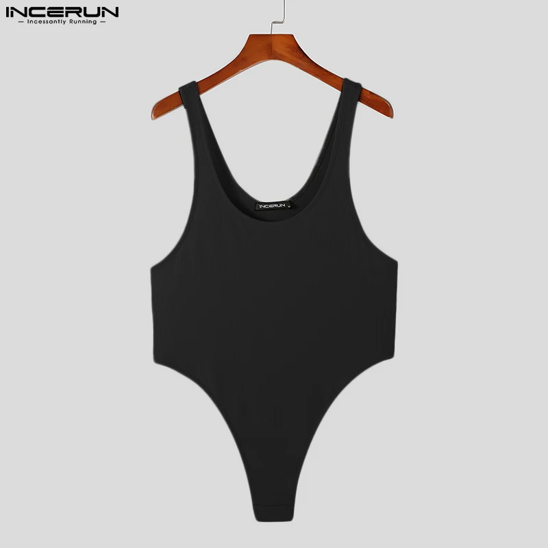 Incerun-bodysuit sem mangas para homens, cor sólida, redondo-colar, pijama sexy, roupas de verão, aconchegante, tamanho s-5xl, 2023